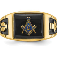 14K Yellow Gold Cushion-Cut Onyx Masonic Ring with Black Enamel Detailing by IBGoodman