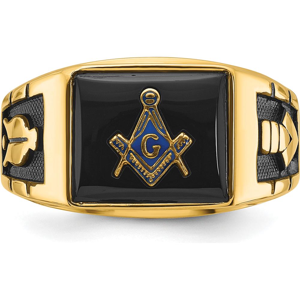 14K Yellow Gold Cushion-Cut Onyx Masonic Ring with Black Enamel Detailing by IBGoodman