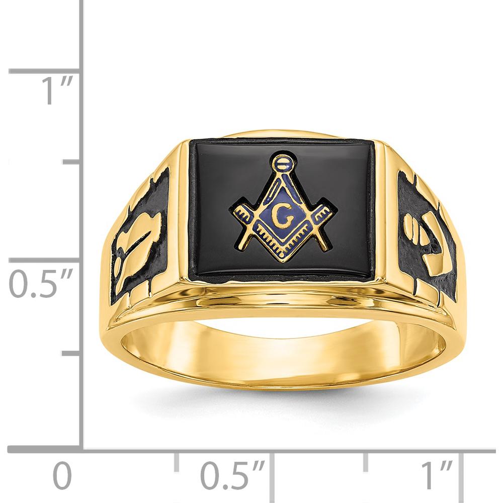 14K Yellow Gold Cushion-Cut Onyx Masonic Ring with Black Enamel Detailing by IBGoodman
