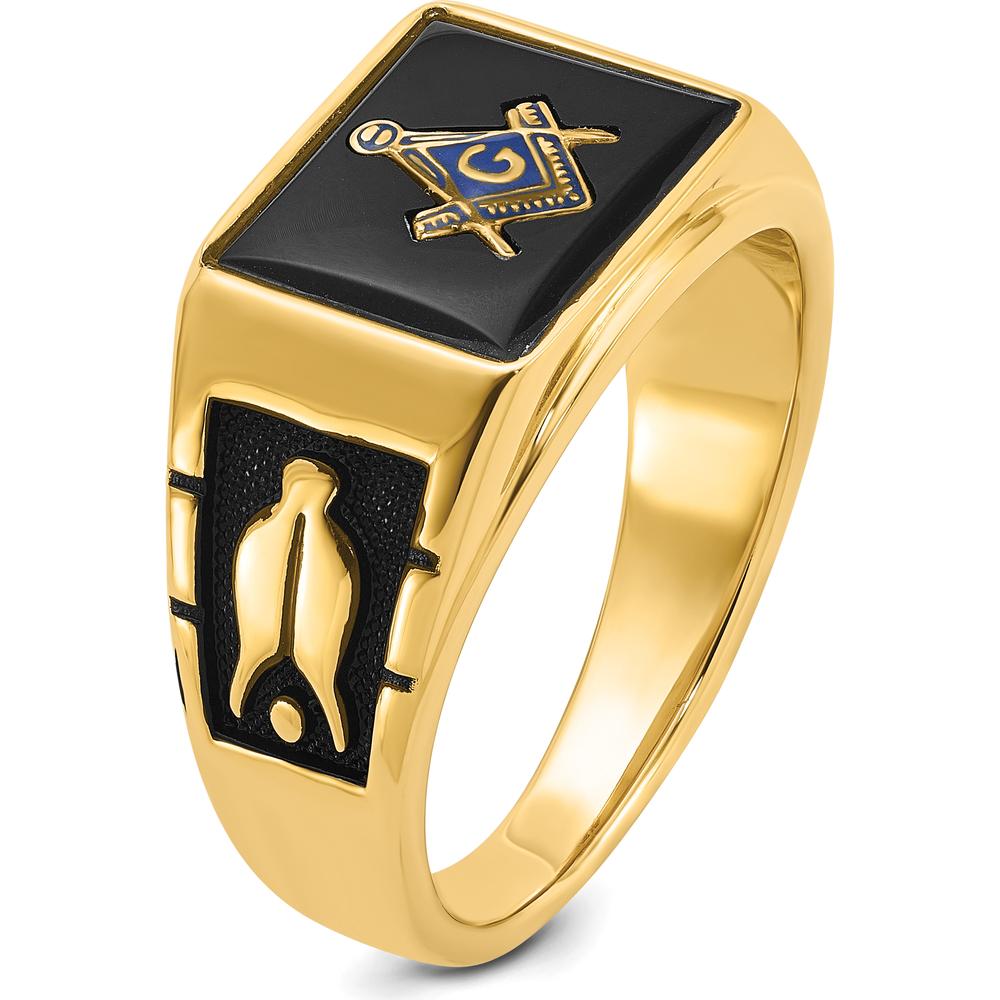 14K Yellow Gold Cushion-Cut Onyx Masonic Ring with Black Enamel Detailing by IBGoodman