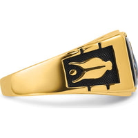14K Yellow Gold Cushion-Cut Onyx Masonic Ring with Black Enamel Detailing by IBGoodman