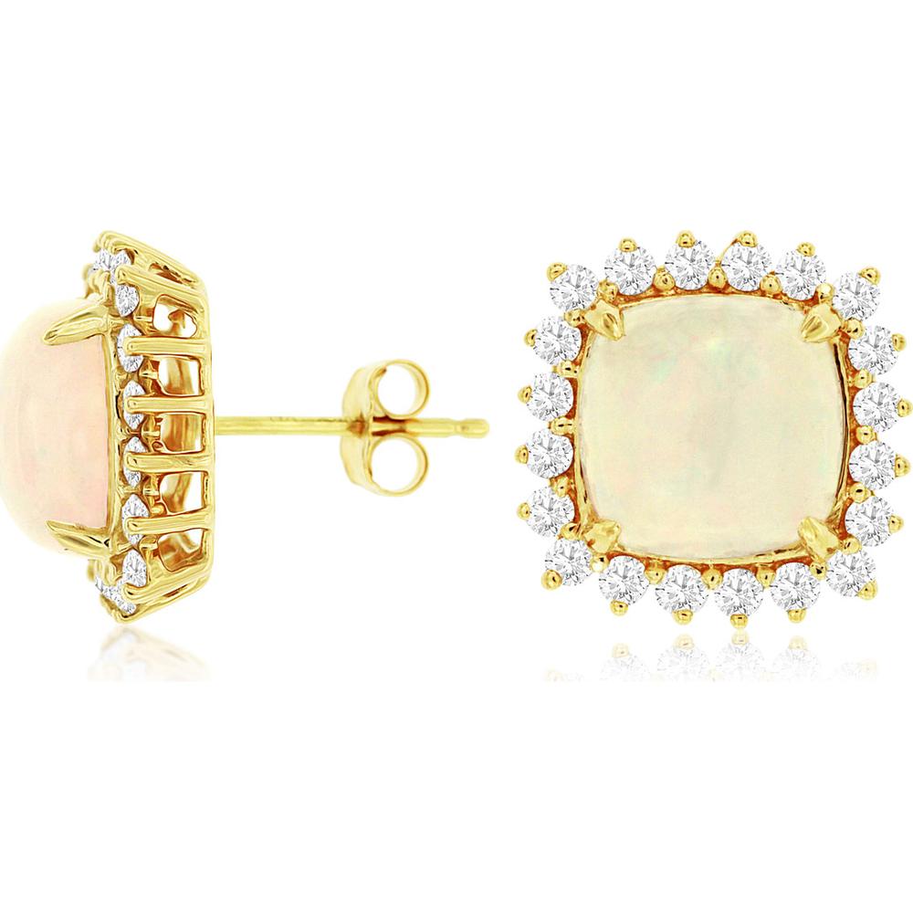 14K Yellow Gold Cushion Cut Opal and Diamond Halo Earrings - 5.25 Carats Total Opal Weight