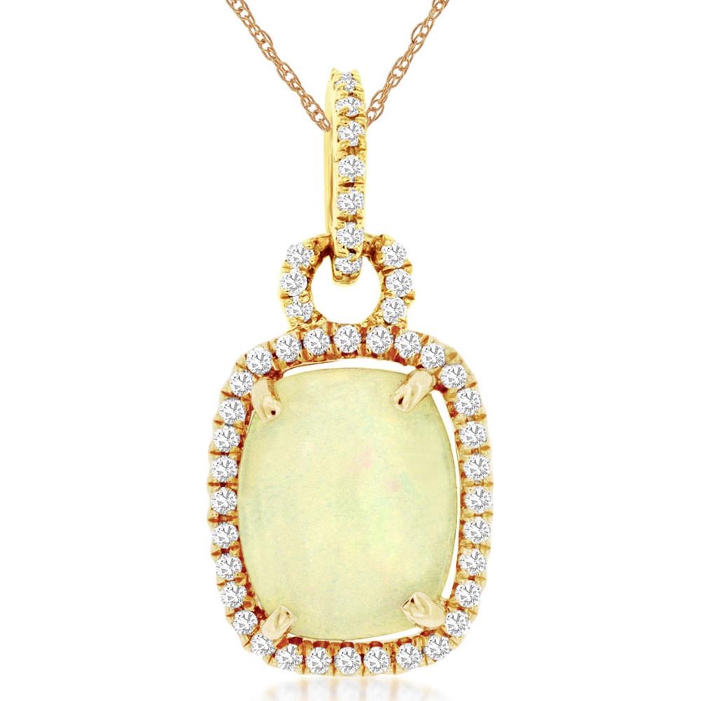 14K Yellow Gold Cushion Cut Opal and Diamond Halo Pendant - 2.85 Carat Opal and 0.30 Carat Total Diamond Weight - Royal Jewelry
