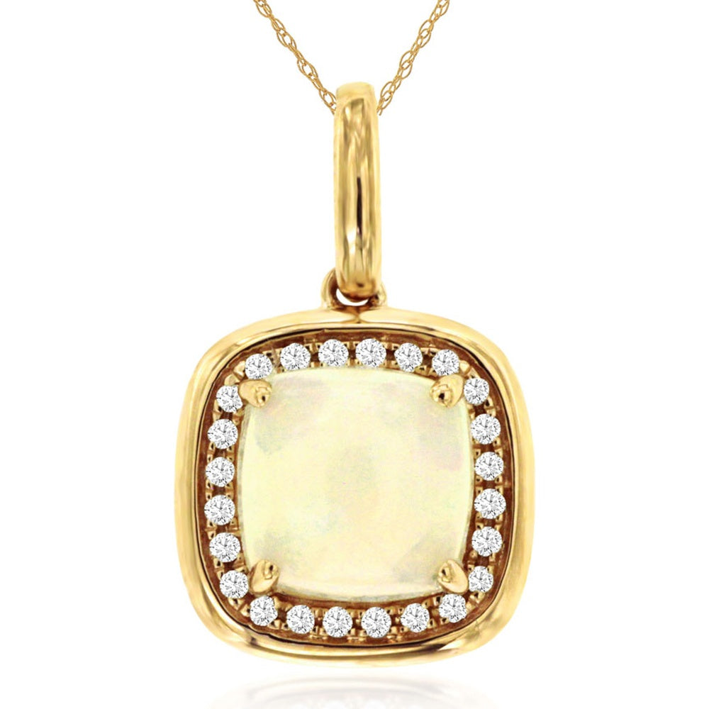 14K Yellow Gold Cushion-Cut Opal and Diamond Halo Pendant with 0.90 Carat Opal and 0.08 Carat Total Diamond Weight - Royal Jewelry