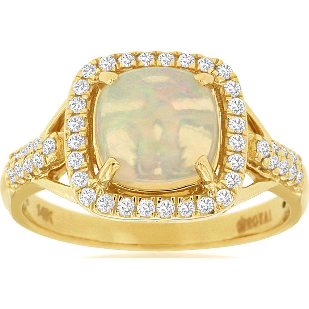 14K Yellow Gold Cushion Cut Opal & Diamond Halo Ring - 1.40 Carat Opal, 0.30 Carat Diamond Total Weight - Royal Jewelry