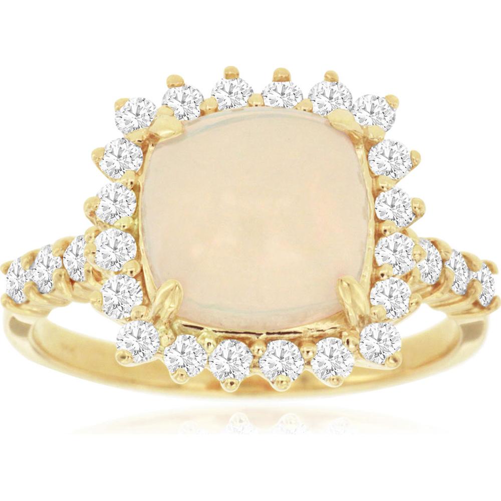 14K Yellow Gold Cushion Cut Opal and Diamond Halo Ring - 2.60 Carat Opal and 0.65 Carat Total Diamond Weight - Royal Jewelry
