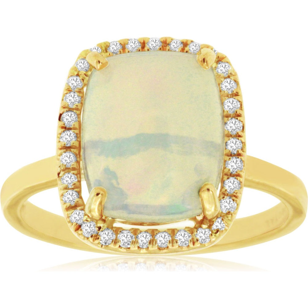 14K Yellow Gold Cushion-Cut Opal and Diamond Halo Ring - 2.85 Carat Opal with 0.18 Carat Total Diamond Weight - Royal Jewelry
