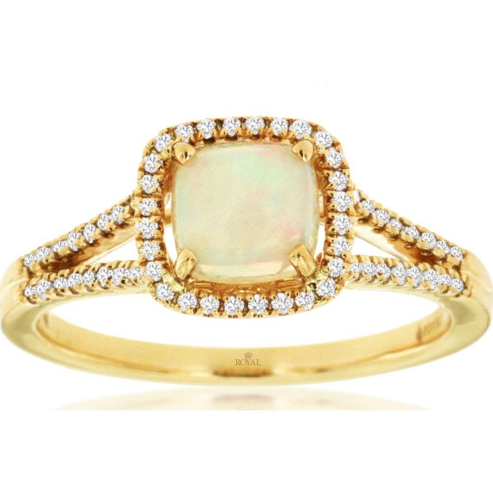 14K Yellow Gold Cushion Cut Opal and Diamond Halo Ring with Milgrain Split Shank - 0.65 Carat Opal, 0.20 Carat Total Diamond Weight - Royal Jewelry