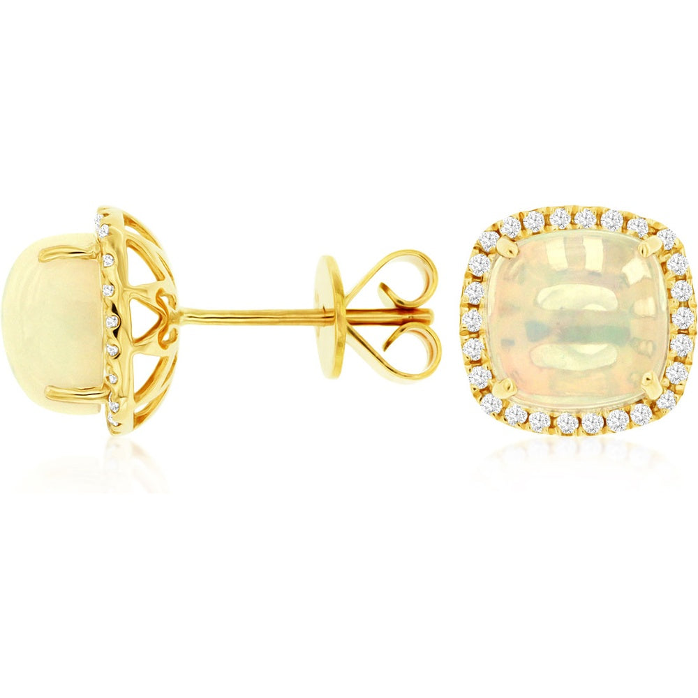 14K Yellow Gold Cushion-Cut Opal and Diamond Halo Stud Earrings - 2.80 Carat Total Opal Weight and 0.21 Carat Total Diamond Weight - Royal Jewelry