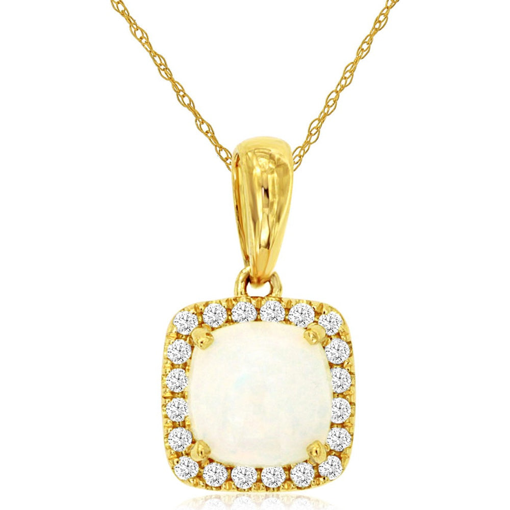14K Yellow Gold Cushion-Cut Opal and Round Diamond Halo Pendant - 0.60 Carat Opal and 0.11 Carat Total Diamond Weight - Royal Jewelry