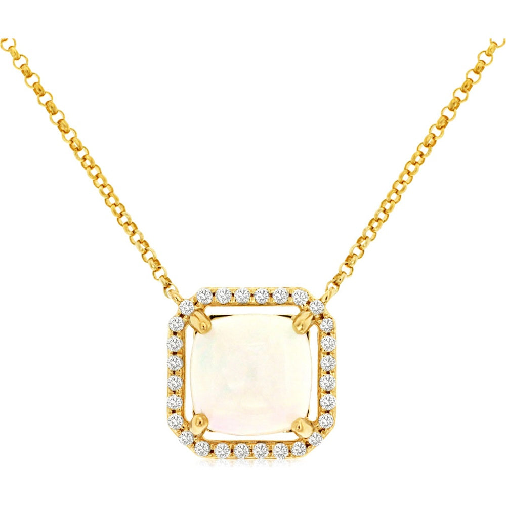 14K Yellow Gold Cushion-Cut Opal Pendant Necklace with Milgrain-Edge Diamond Halo - 1.40 Carat Opal and 0.14 Carat Diamond Total Weight - Royal Jewelry