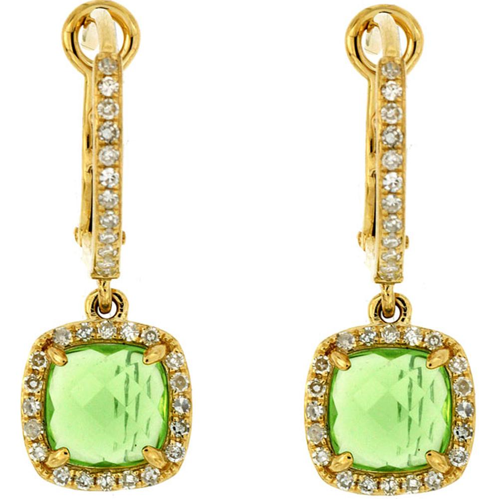 14K Yellow Gold Cushion Cut Peridot & Diamond Halo Drop Earrings - 2.10 Carat Total Peridot Weight, 0.25 Carat Total Diamond Weight - Royal Jewelry
