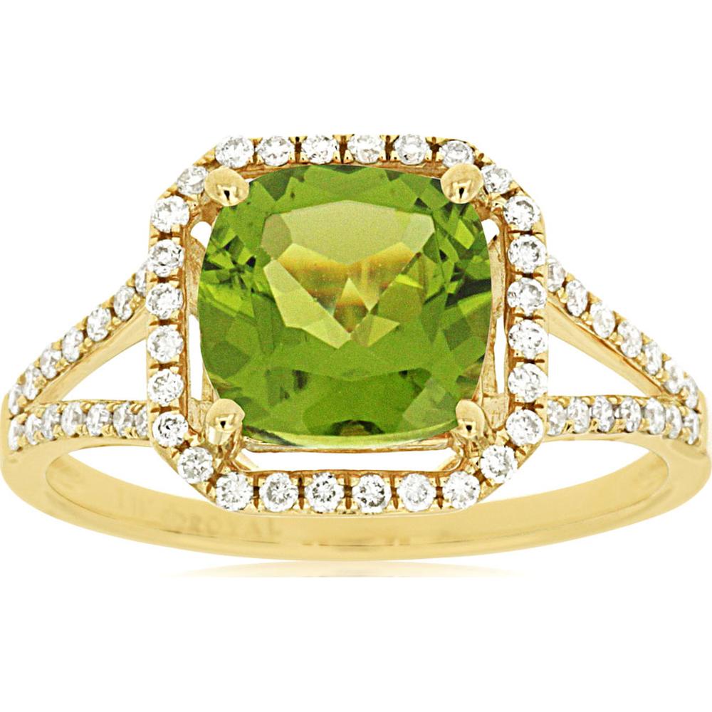 14K Yellow Gold Cushion Cut Peridot and Diamond Halo Ring - 2.55 Carats Total Gem Weight