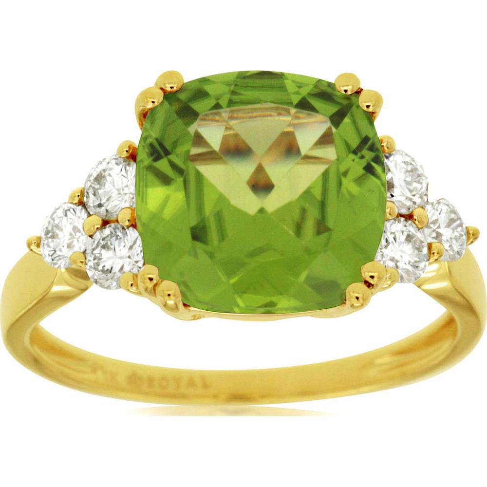 14K Yellow Gold Cushion Cut Peridot and Diamond Ring with 4.20 Carat Peridot and 0.45 Carat Diamond Accent Weight - Royal Jewelry