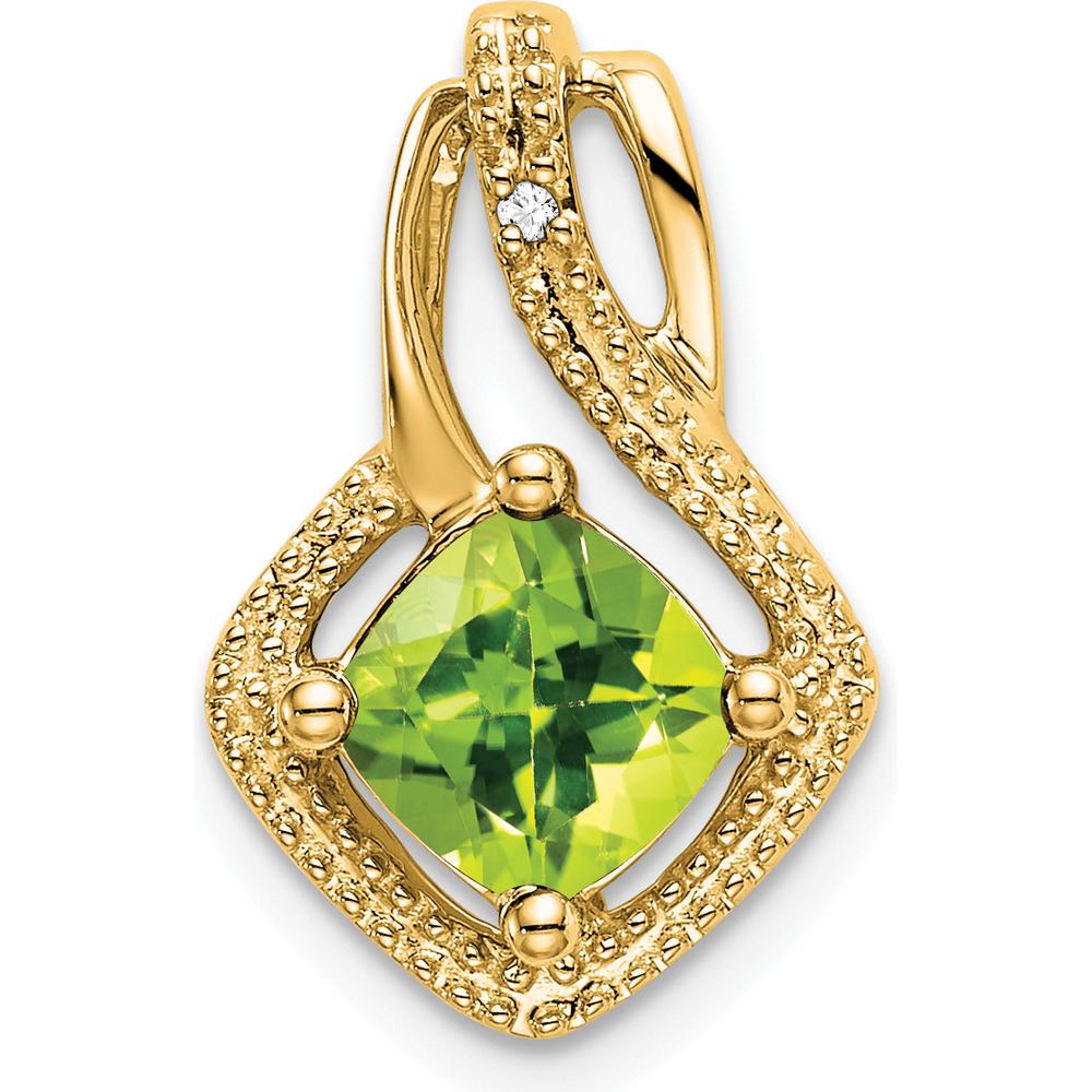 14K Yellow Gold Cushion Cut Peridot and Round Diamond Pendant - 0.73 Carat Peridot Weight, 0.005 Carat Diamond Weight by Lumare Gioia