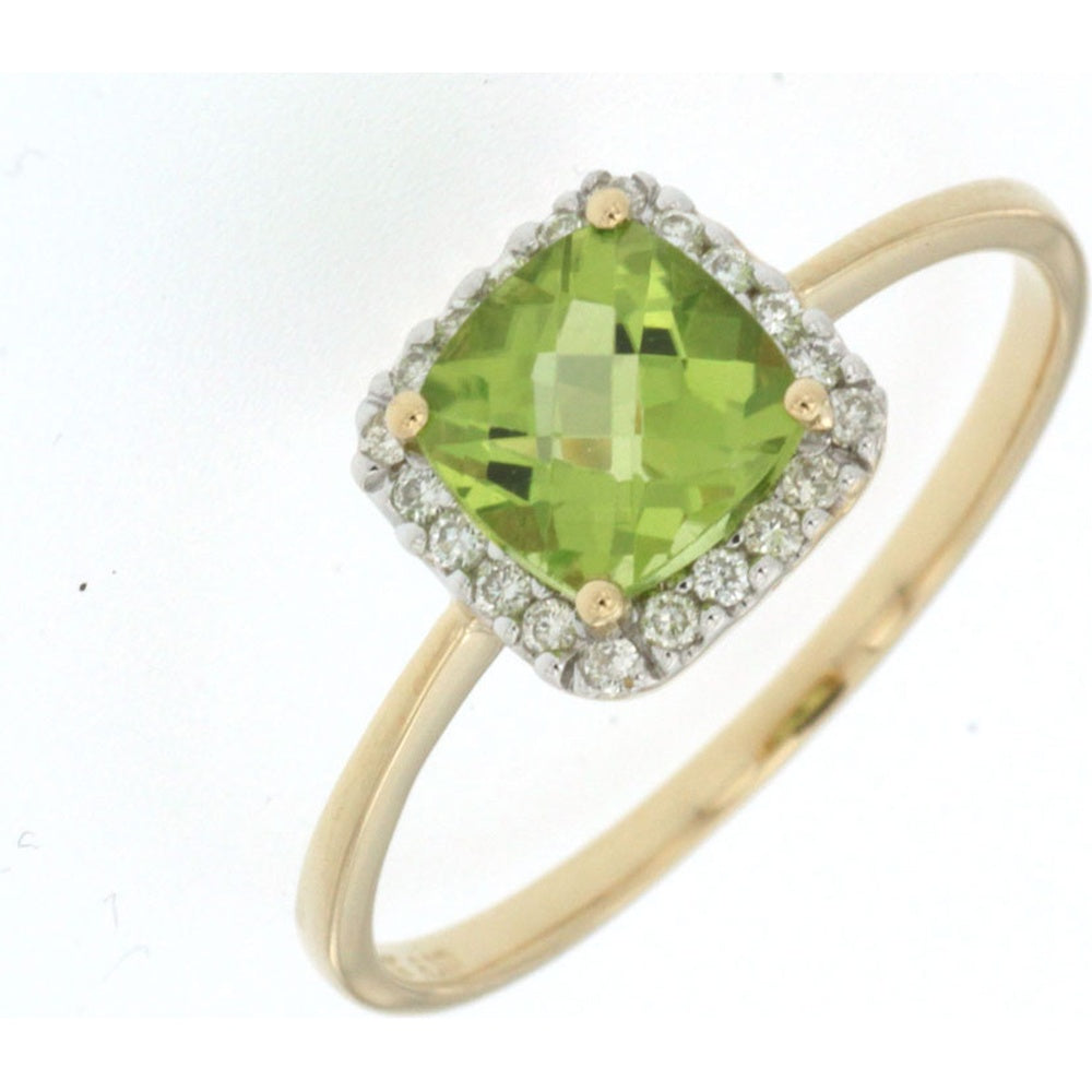 14K Yellow Gold Cushion Cut Peridot Halo Ring with Milgrain Detail and Diamond Accents - 1.10 Carat Peridot and 0.10 Carat Total Diamond Weight - Royal Jewelry