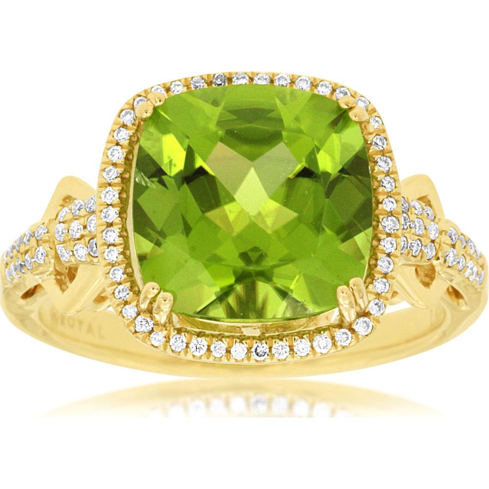 14K Yellow Gold Cushion Cut Peridot Ring with Diamond Halo - 4.40 Carats Total Gem Weight