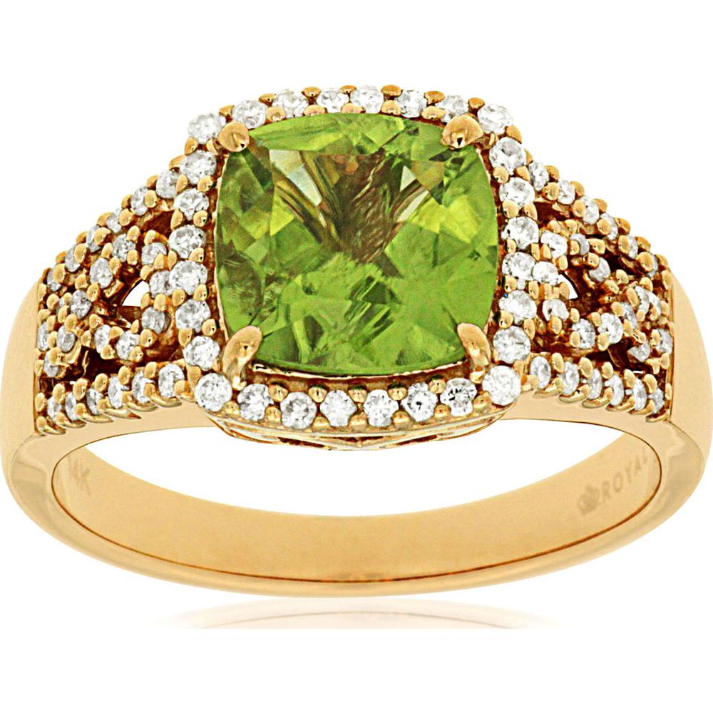 14K Yellow Gold Cushion Cut Peridot Ring with Diamond Halo and Split Shank Accents - 2.10 Carat Peridot & 0.35 Carat Total Diamond Weight - Royal Jewelry
