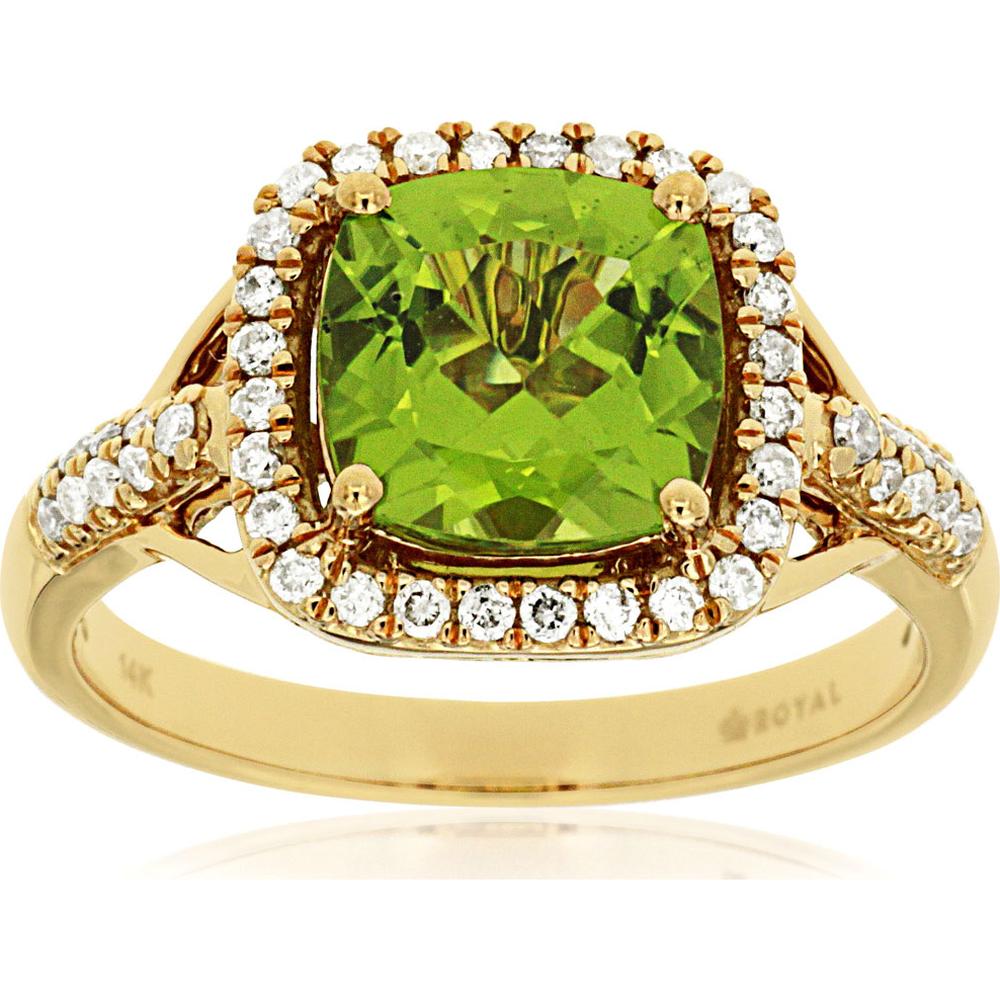 14K Yellow Gold Cushion Cut Peridot Ring with Halo and Split Shank Diamond Accents - 2.10 Carat Peridot, 0.30 Carat Diamonds - Royal Jewelry