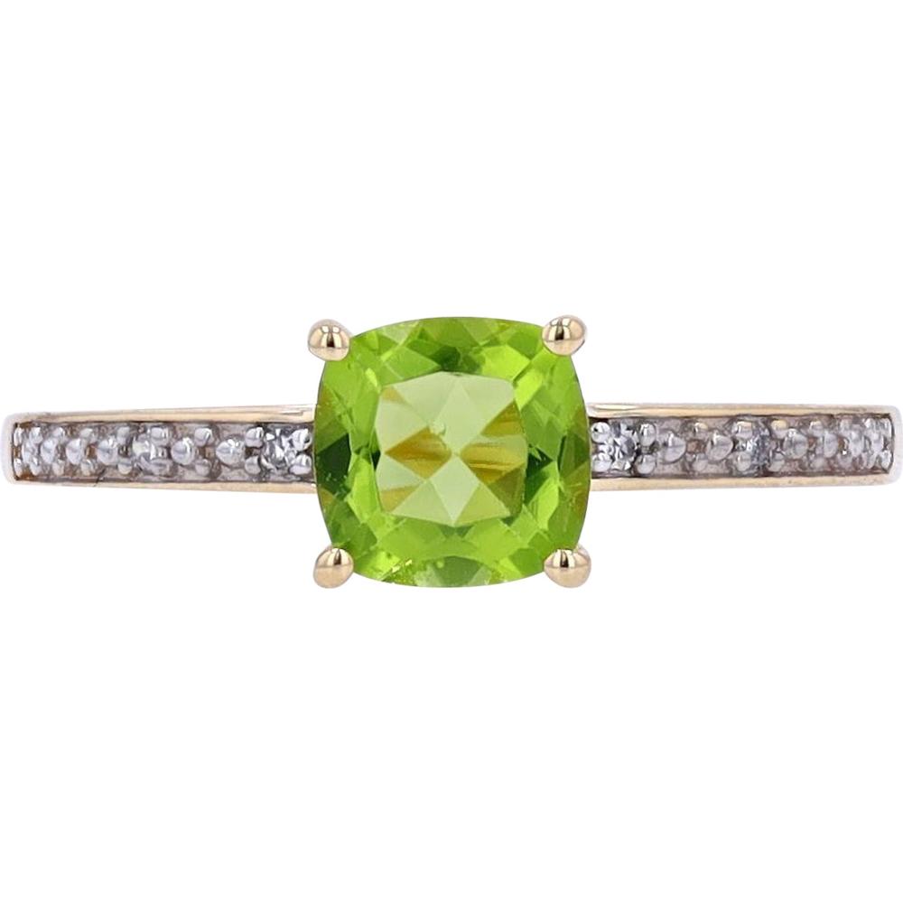 14K Yellow Gold Cushion Cut Peridot Solitaire Ring with 0.02 Carat Diamond Accents