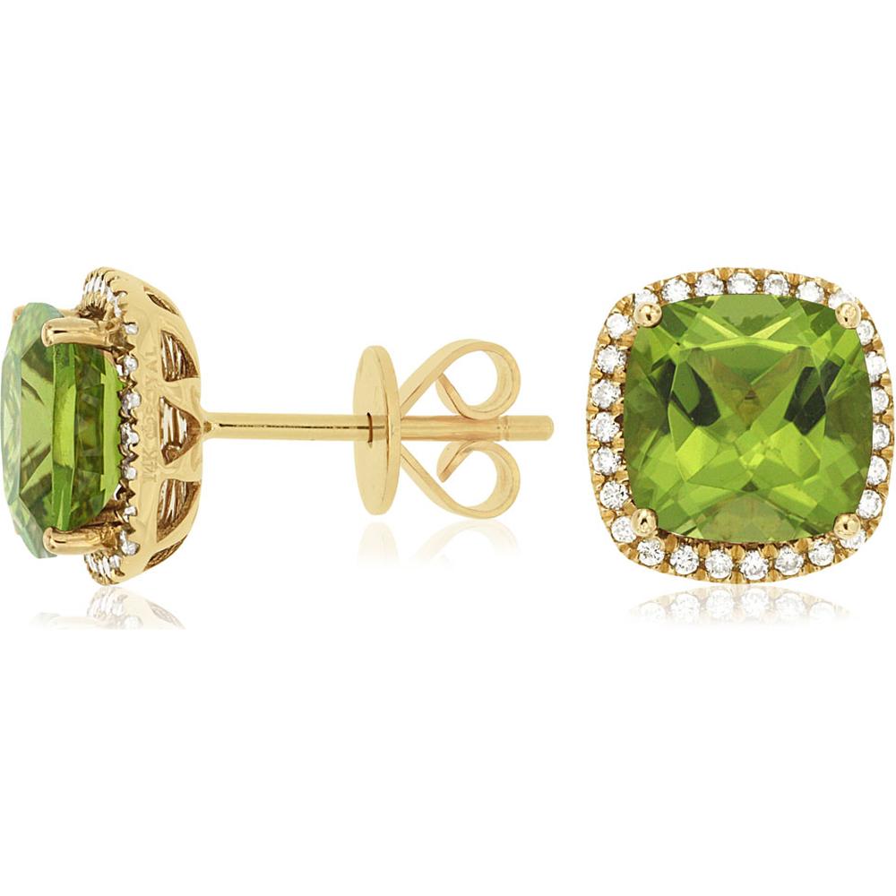 14K Yellow Gold Cushion Cut Peridot Stud Earrings with Diamond Halo - 4.00 Carat Total Peridot Weight and 0.21 Carat Total Diamond Weight - Royal Jewelry