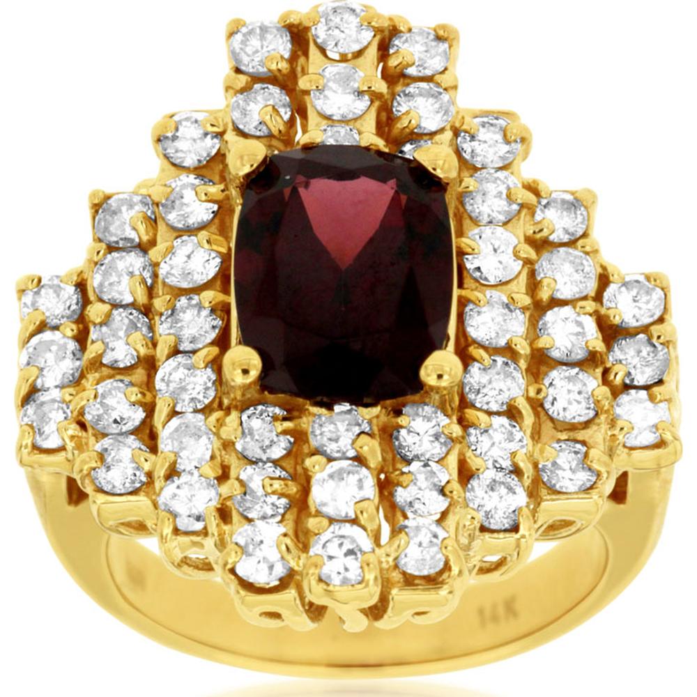 14K Yellow Gold Cushion Cut Rhodolite and Diamond Statement Ring - 2.85 Carat Rhodolite and 1.75 Carat Total Diamond Weight - Royal Jewelry