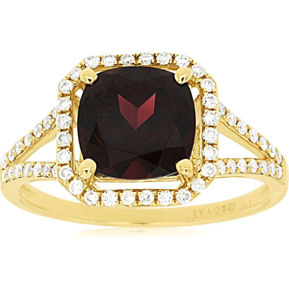 14K Yellow Gold Cushion-Cut Rhodolite Ring with Round Diamond Halo - 2.65 Carat Rhodolite and 0.30 Carat Diamond Total Weight - Royal Jewelry