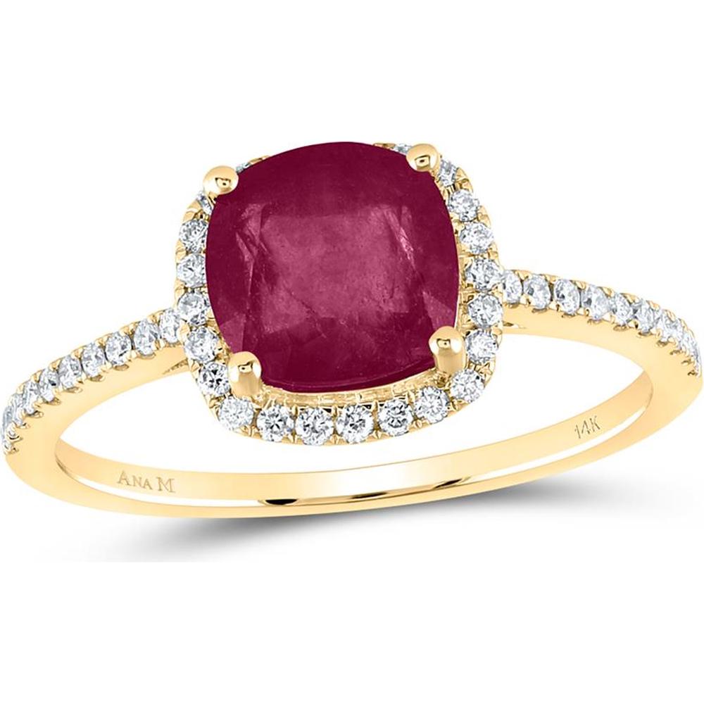 14K Yellow Gold Cushion Cut Ruby and Diamond Halo Ring - 2.20 Carat Total Gem Weight