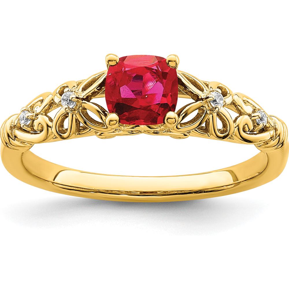 14K Yellow Gold Cushion Cut Ruby and Round Diamond Ring - 0.55 Carat Ruby Weight by 0