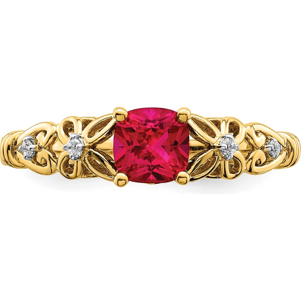 14K Yellow Gold Cushion Cut Ruby and Round Diamond Ring - 0.55 Carat Ruby Weight by 0