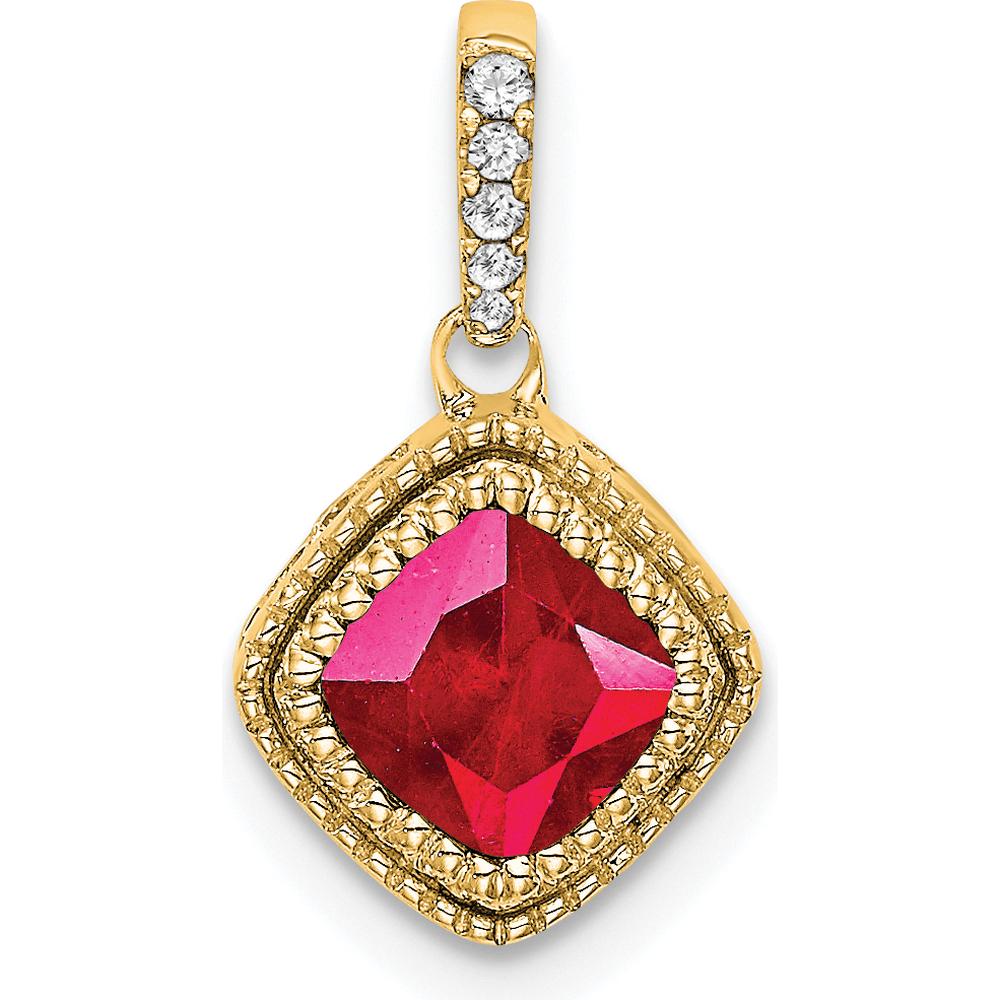 14K Yellow Gold Cushion Cut Ruby Pendant with Round Diamond Accents - 0.45 Carat Ruby, 0.045 Carat Diamond by Lumare Gioia