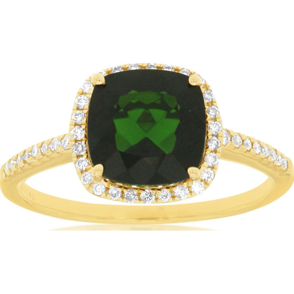 14K Yellow Gold Cushion Cut Russalite and Diamond Halo Ring - 2.15 Carat Russalite and 0.18 Carat Total Diamond Weight - Royal Jewelry