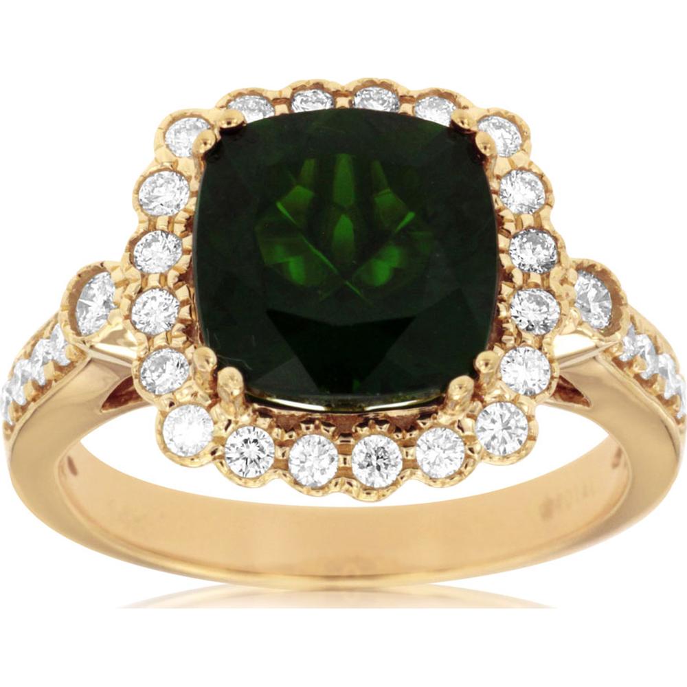 14K Yellow Gold Cushion Cut Russalite & Diamond Halo Ring - 3.20 Carat Russalite, 0.50 Carat Diamond Total Weight - Royal Jewelry