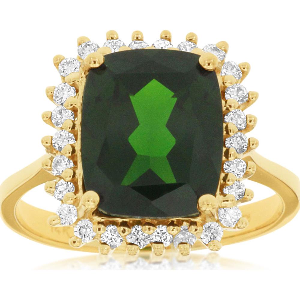14K Yellow Gold Cushion Cut Russalite & Diamond Halo Ring - 4.40 Carat Russalite, 0.40 Carat Diamonds - Royal Jewelry