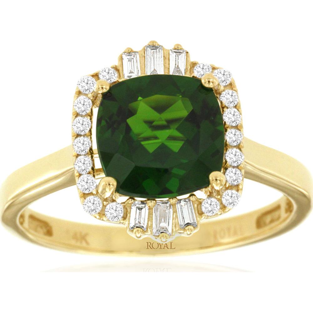 14K Yellow Gold Cushion Cut Russalite and Diamond Halo Ring with Baguette and Round Diamonds - 2.15 Carat Russalite, 0.21 Carat Total Diamond Weight - Royal Jewelry