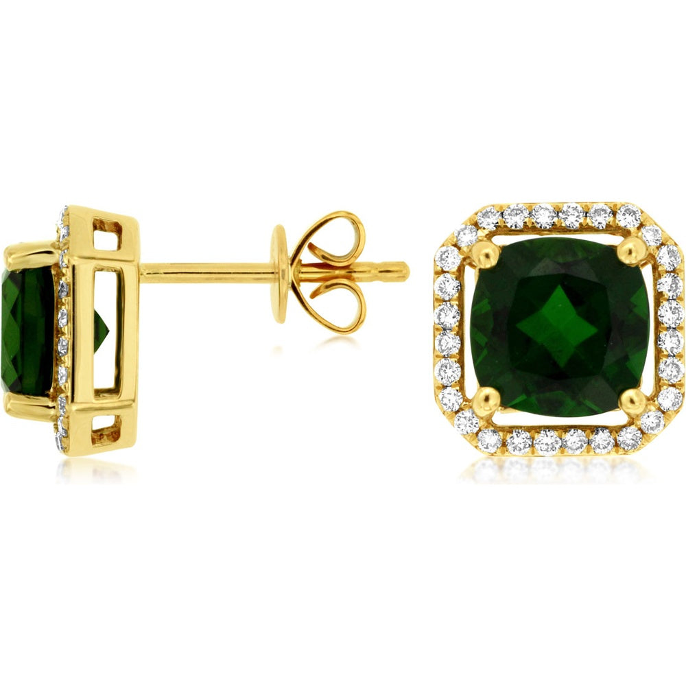 14K Yellow Gold Cushion Cut Russalite & Diamond Halo Stud Earrings - 2.80 Carat Total Russalite Weight, 0.25 Carat Total Diamond Weight - Royal Jewelry