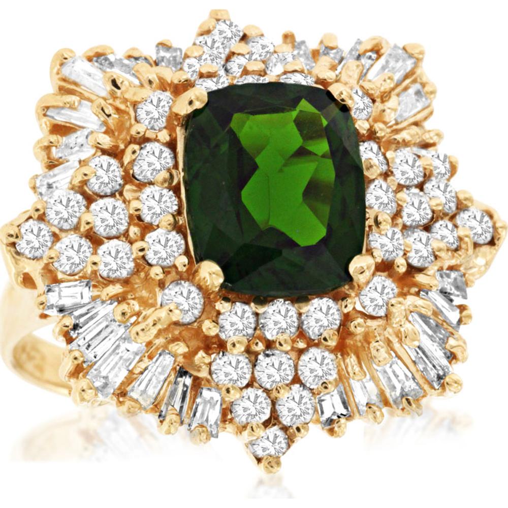 14K Yellow Gold Cushion Cut Russalite and Diamond Statement Ring with Round and Baguette Diamonds - 3.00 Carat Russalite and 2.50 Carat Total Diamond Weight - Royal Jewelry