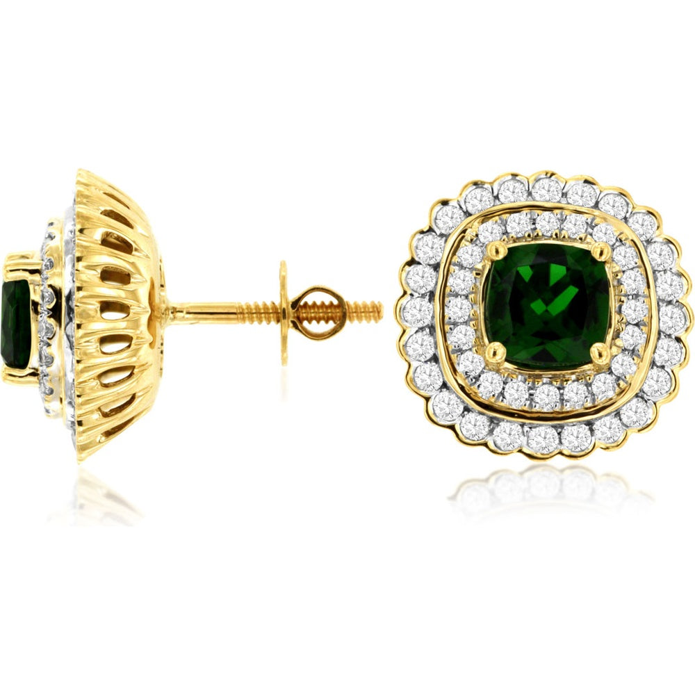 14K Yellow Gold Cushion Cut Russalite and Double Halo Diamond Stud Earrings - 2.00 Carat Total Russalite Weight and 0.92 Carat Total Diamond Weight - Royal Jewelry