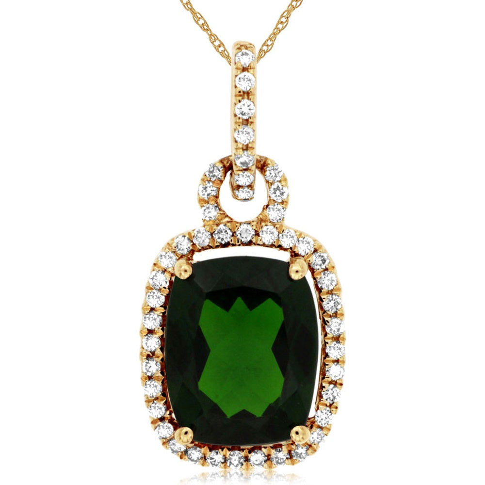 14K Yellow Gold Cushion-Cut Russalite Halo Pendant Necklace with Round Diamonds - 4.40 Carat Russalite and 0.30 Carat Total Diamond Weight - Royal Jewelry