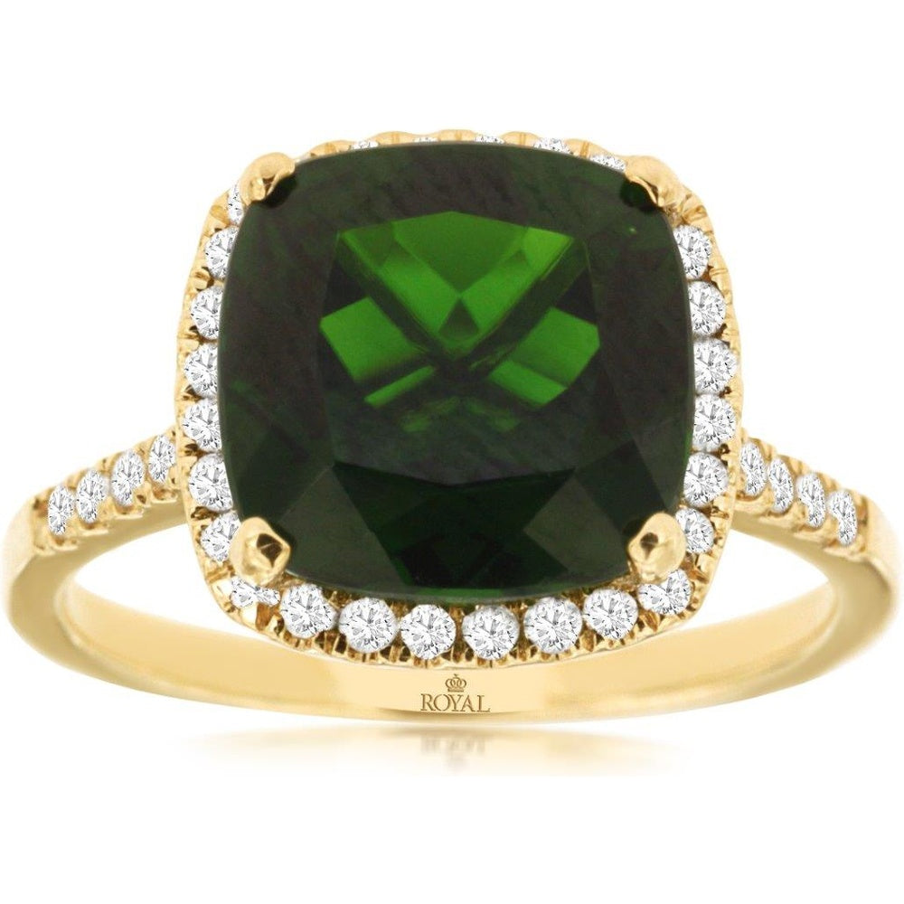 14K Yellow Gold Cushion-Cut Russalite Halo Ring with Round Diamonds - 3.90 Carat Russalite and 0.30 Carat Total Diamond Weight - Royal Jewelry