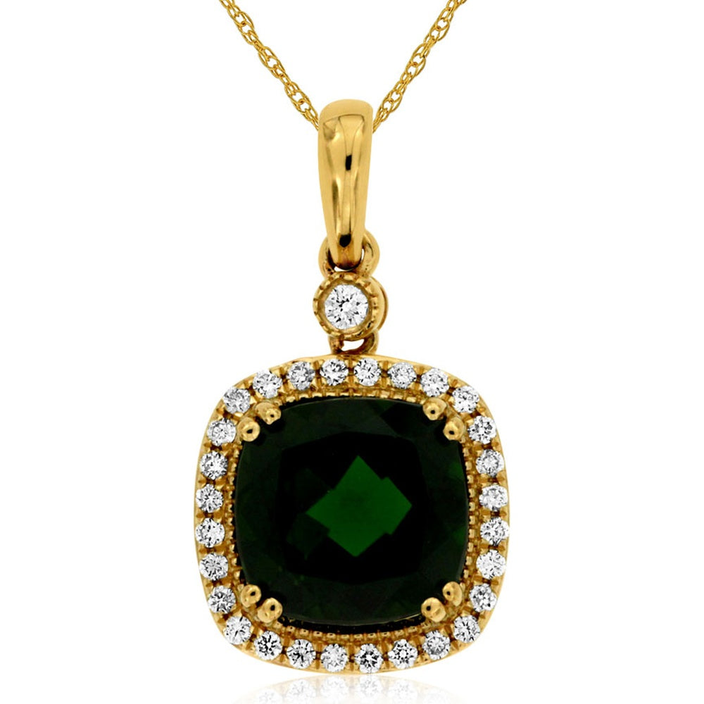 14K Yellow Gold Cushion Cut Russalite Pendant with Diamond Halo and Milgrain Detail - 2.15 Carat Russalite and 0.18 Carat Total Diamond Weight - Royal Jewelry