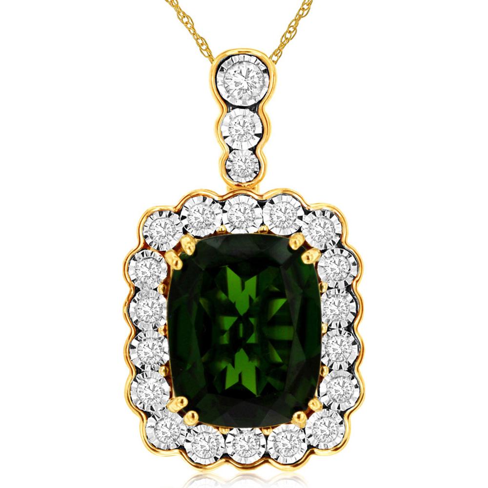 14K Yellow Gold Cushion Cut Russalite Pendant with Round Diamond Halo - 3.10 Carat Russalite, 0.25 Carat Diamond Total Weight - Royal Jewelry