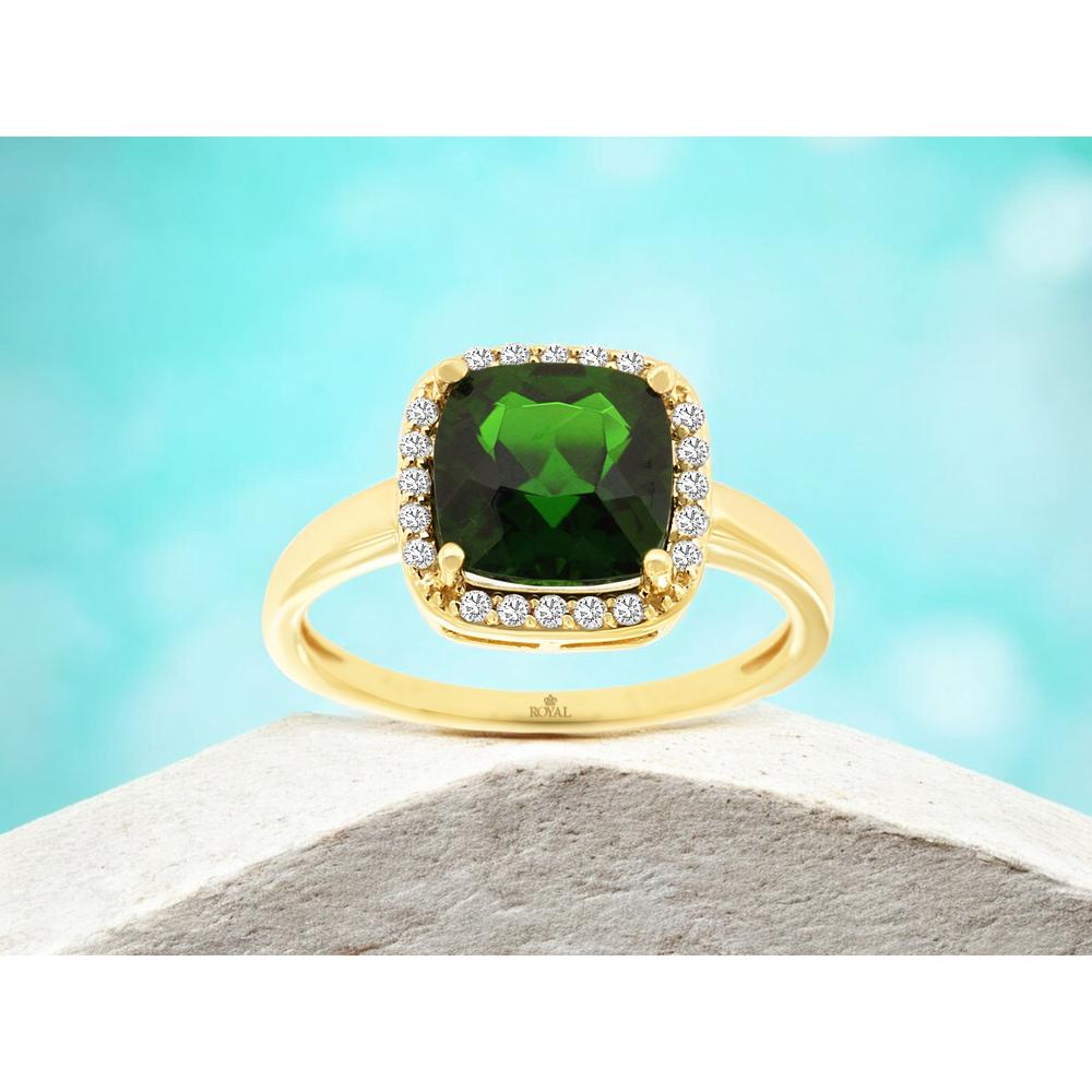 14K Yellow Gold Cushion Cut Russalite Ring with Diamond Halo - 2.15 Carat Russalite & 0.13 Carat Diamond Weight - Royal Jewelry