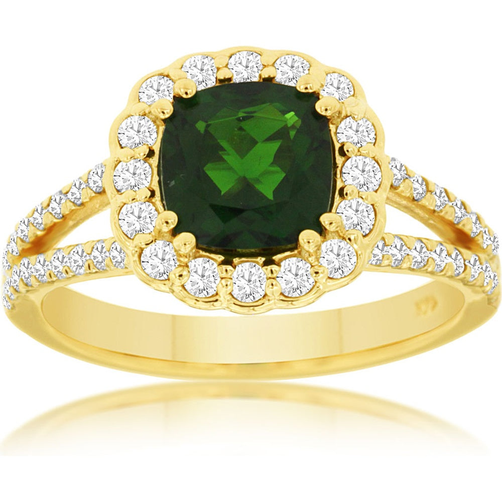 14K Yellow Gold Cushion-Cut Russalite Ring with Diamond Halo and Pavé Split Shank - 1.40 Carat Russalite and 0.75 Carat Total Diamond Weight - Royal Jewelry