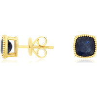 14K Yellow Gold Cushion Cut Sapphire Stud Earrings with Milgrain Detail - 2.40 Carat Total Sapphire Weight - Royal Jewelry
