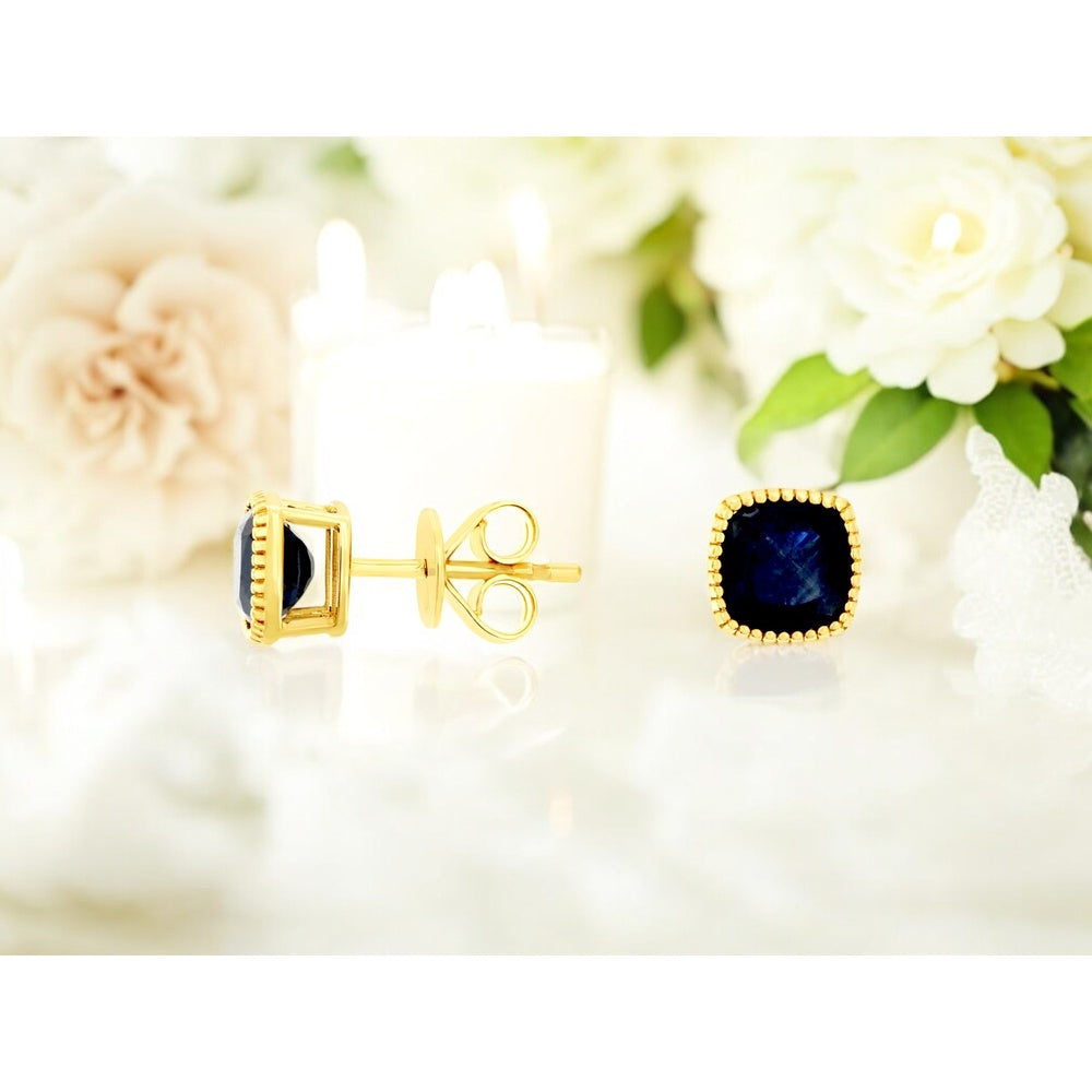 14K Yellow Gold Cushion Cut Sapphire Stud Earrings with Milgrain Detail - 2.40 Carat Total Sapphire Weight - Royal Jewelry