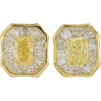 14K Yellow Gold Cushion-Cut Yellow Lab-Grown Diamond Stud Earrings with Baguette Halo - 3.50 Carat Total Diamond Weight
