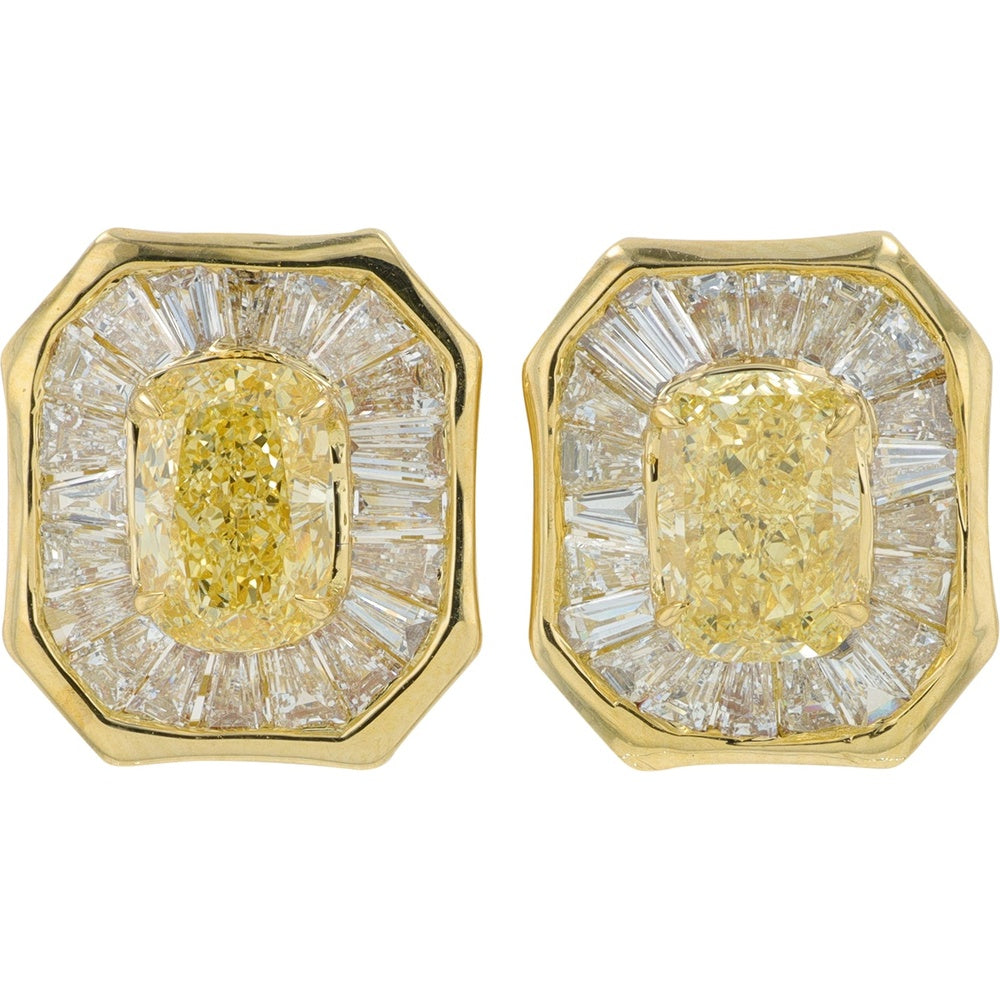 14K Yellow Gold Cushion-Cut Yellow Lab-Grown Diamond Stud Earrings with Baguette Halo - 3.50 Carat Total Diamond Weight