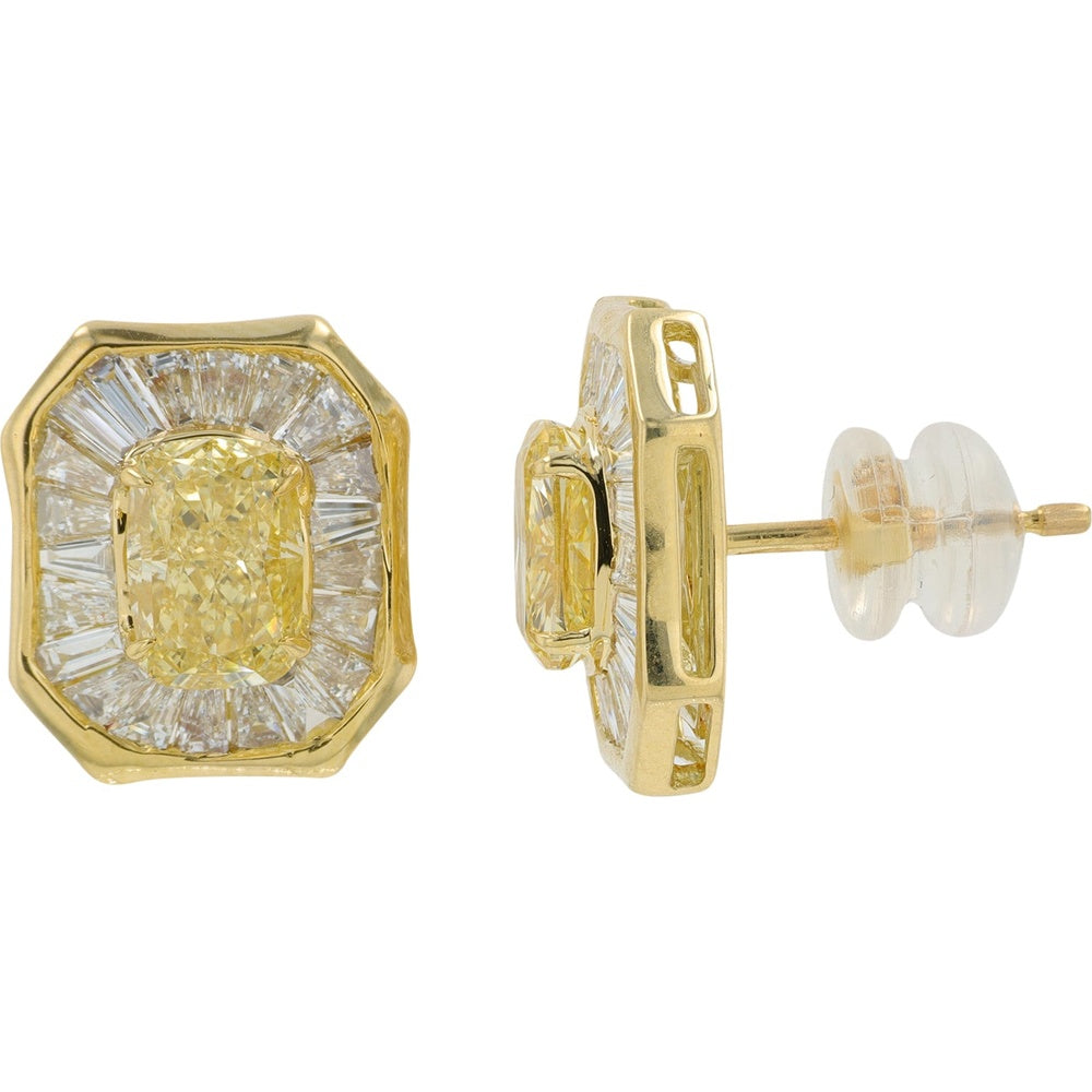 14K Yellow Gold Cushion-Cut Yellow Lab-Grown Diamond Stud Earrings with Baguette Halo - 3.50 Carat Total Diamond Weight