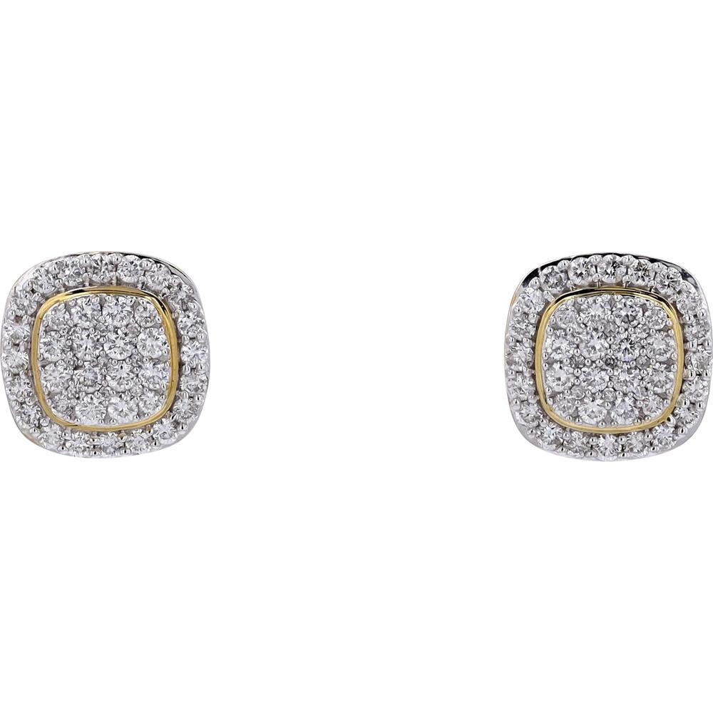 14K Yellow Gold Cushion Halo Diamond Cluster Stud Earrings - 1.50 Carat Total Diamond Weight